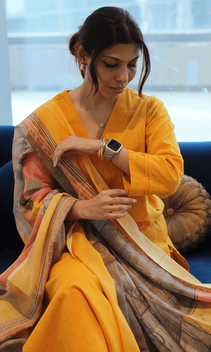 Cotton Slub Solid Yellow Suit with Printed Dupatta - Baareeki