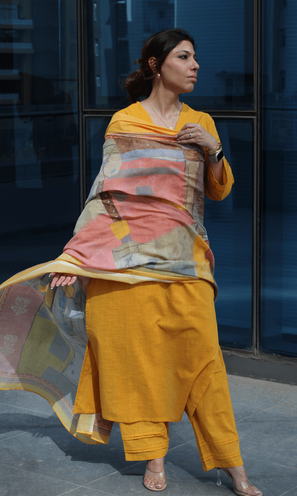 Cotton Slub Solid Yellow Suit with Printed Dupatta - Baareeki