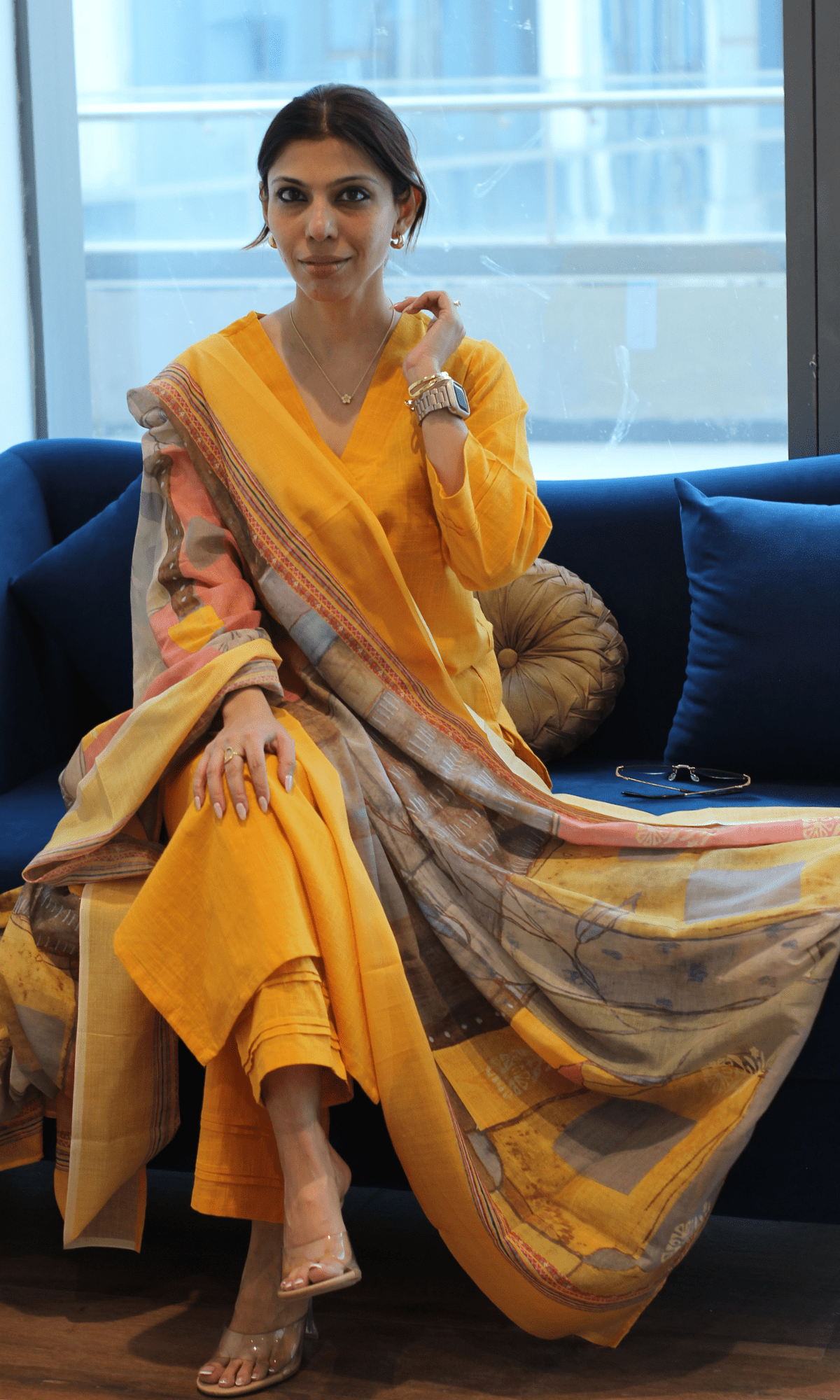 Cotton Slub Solid Yellow Suit with Printed Dupatta - Baareeki