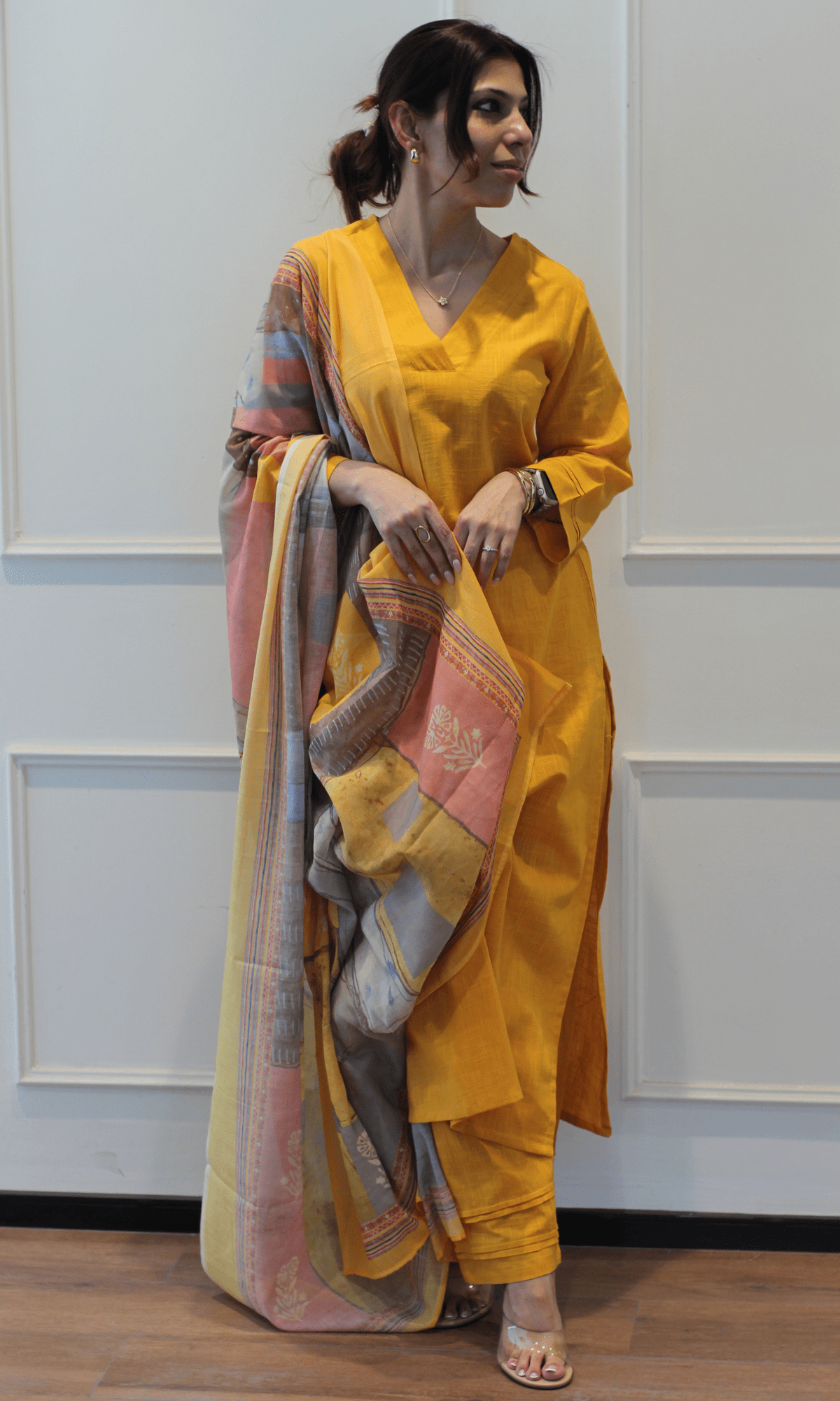 Cotton Slub Solid Yellow Suit with Printed Dupatta - Baareeki