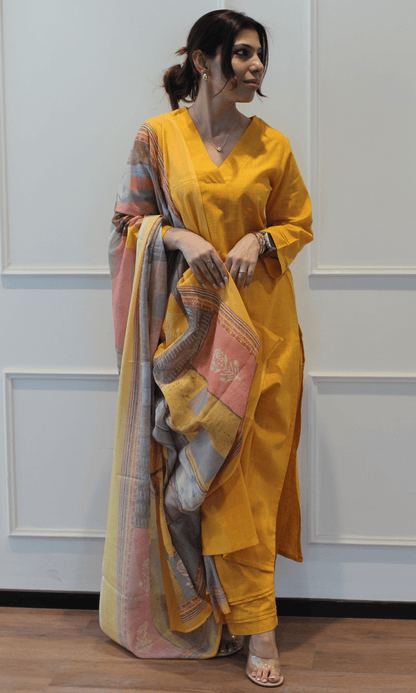 Cotton Slub Solid Yellow Suit with Printed Dupatta - Baareeki