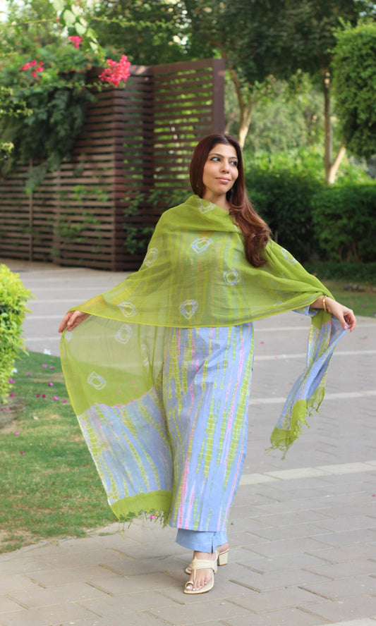 Cotton Soft Lavender & Lime Tie & Dye Straight Kurta Pants with Kota Doria Printed Dupatta - Baareeki