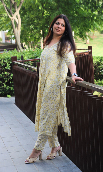 Cotton Soft Lemon Printed Box Pleat Kurta and Pants Set - Baareeki