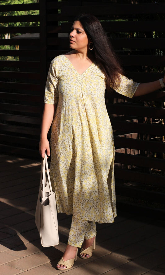 Cotton Soft Lemon Printed Box Pleat Kurta and Pants Set - Baareeki