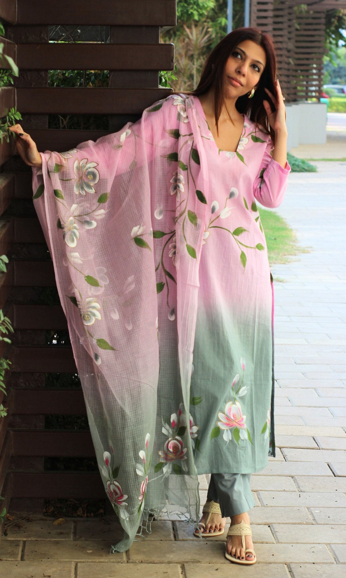 Cotton Soft Pink Ombré Handpainted Suit with Kota Doria Handpainted Dupatta - Baareeki