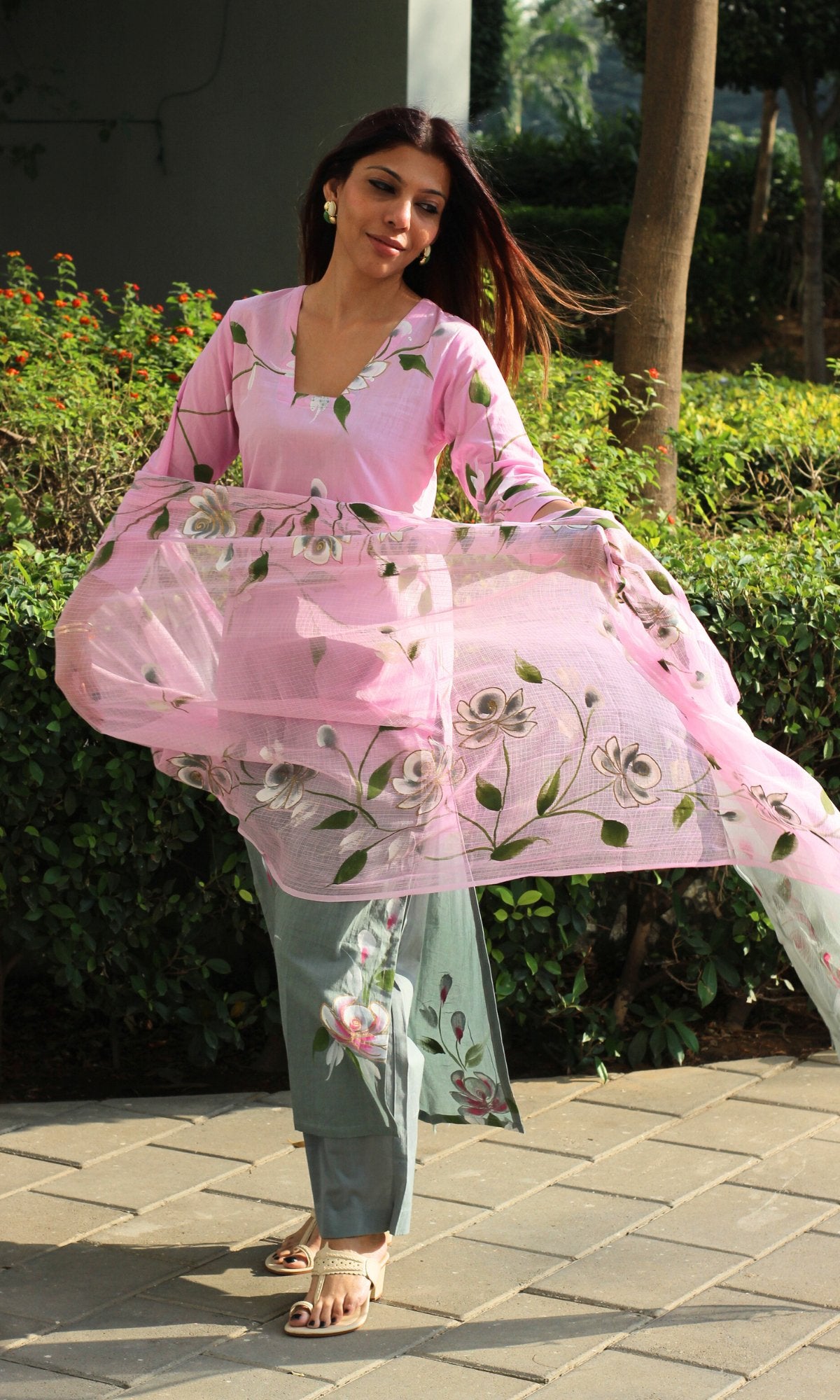 Cotton Soft Pink Ombré Handpainted Suit with Kota Doria Handpainted Dupatta - Baareeki