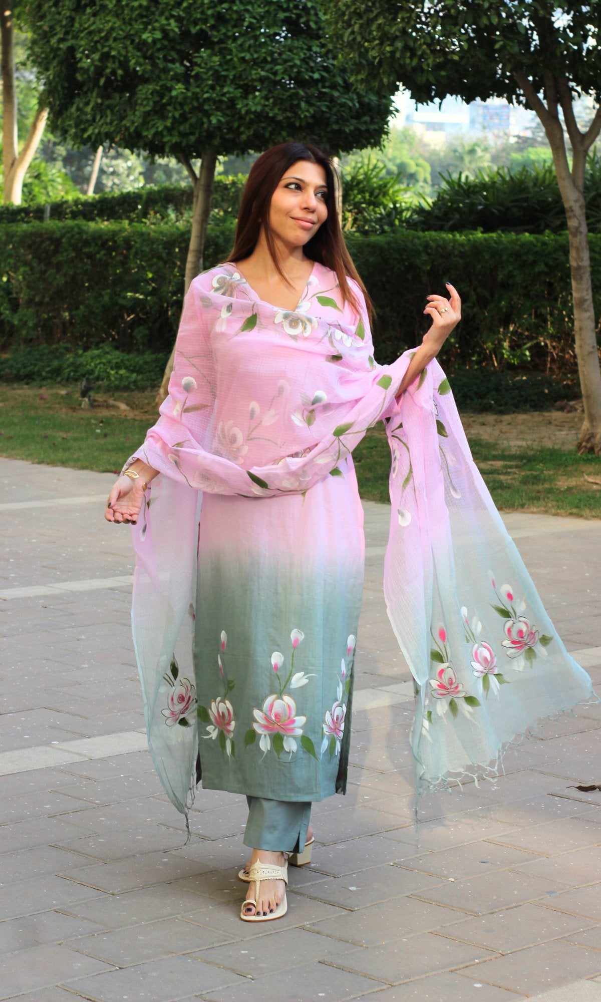 Cotton Soft Pink Ombré Handpainted Suit with Kota Doria Handpainted Dupatta - Baareeki