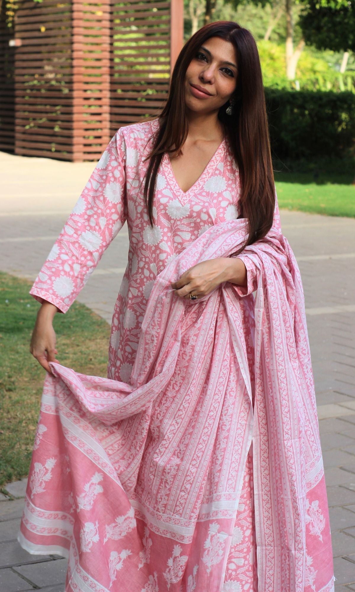 Cotton Soft Pink Printed Suit Set with Printed Cotton Dupatta - Baareeki