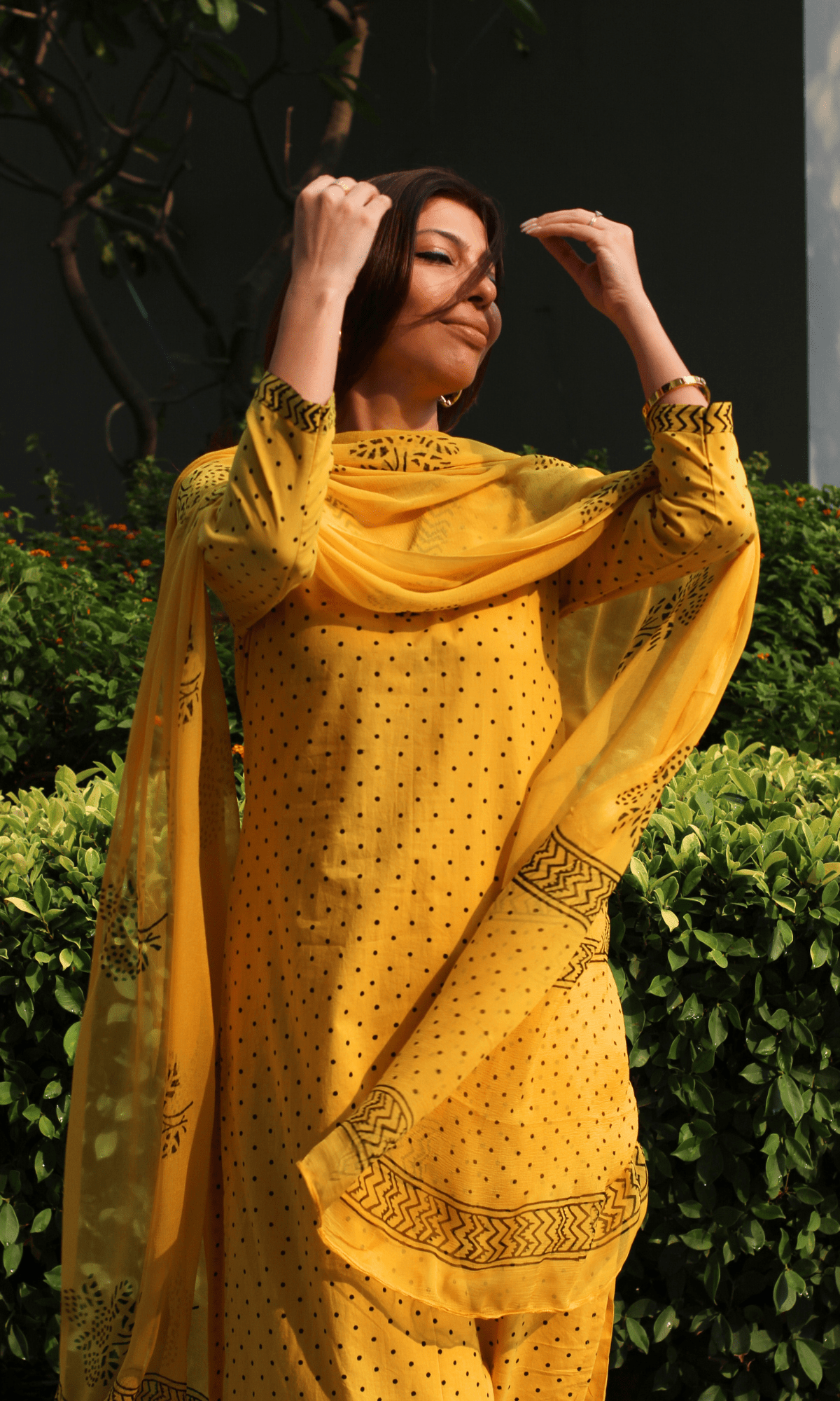 Cotton Spring Yellow Polka Dots Suit with Chiffon Printed Dupatta - Baareeki