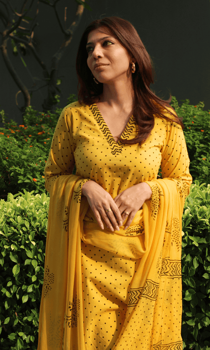 Cotton Spring Yellow Polka Dots Suit with Chiffon Printed Dupatta - Baareeki