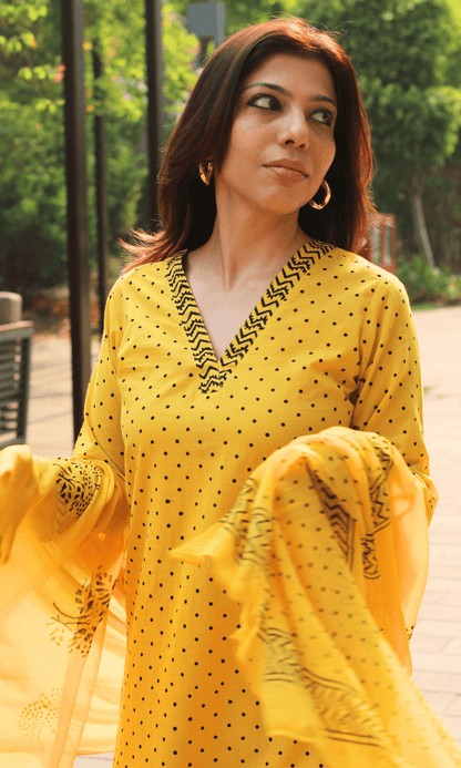 Cotton Spring Yellow Polka Dots Suit with Chiffon Printed Dupatta - Baareeki