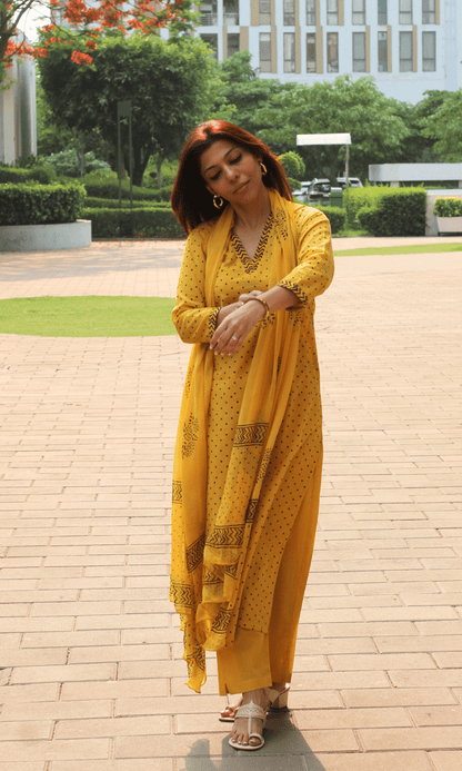 Cotton Spring Yellow Polka Dots Suit with Chiffon Printed Dupatta - Baareeki