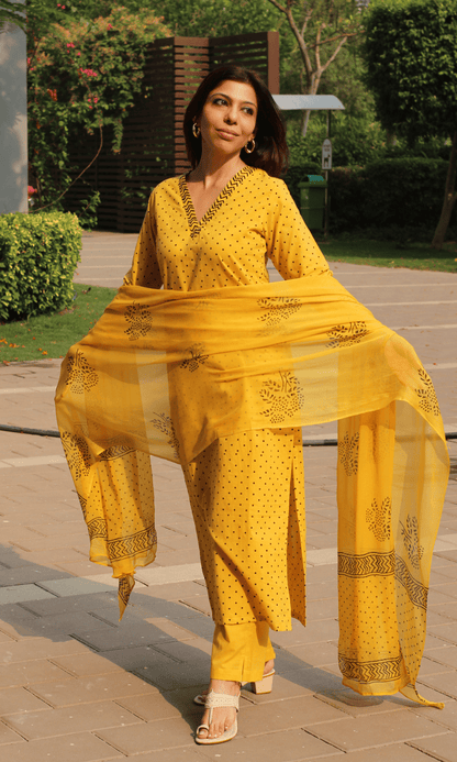Cotton Spring Yellow Polka Dots Suit with Chiffon Printed Dupatta - Baareeki