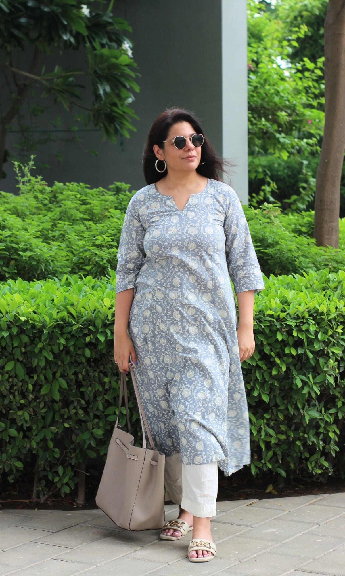 Cotton Steel Blue Printed Kali Kurta - Baareeki