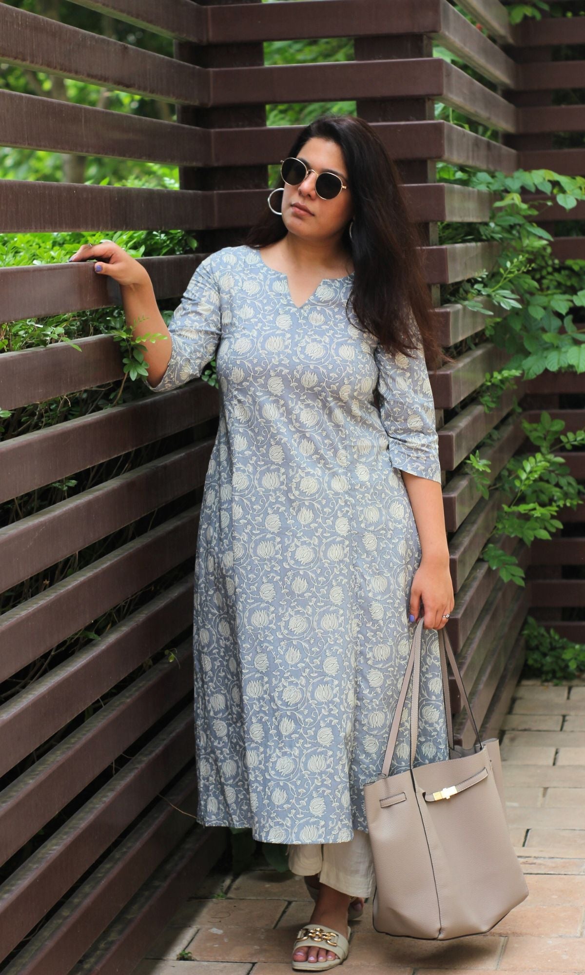 Cotton Steel Blue Printed Kali Kurta - Baareeki