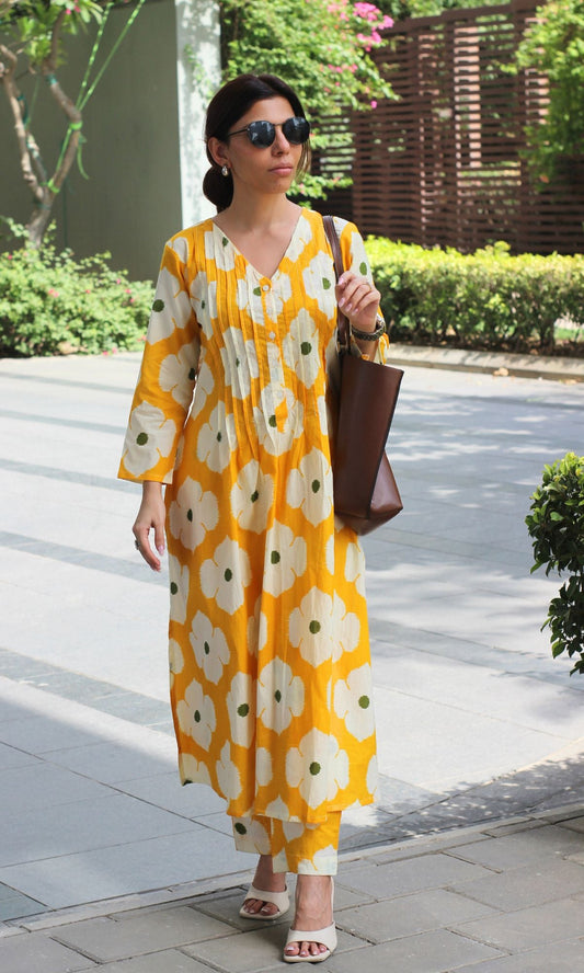 Cotton Sunny Yellow Hibiscus Print Co - ord - Baareeki