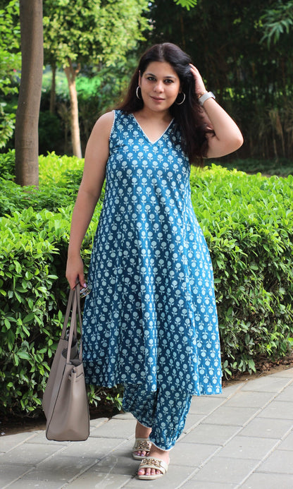 Cotton Teal Printed A Line Kurta with Pleated Pants - Baareeki