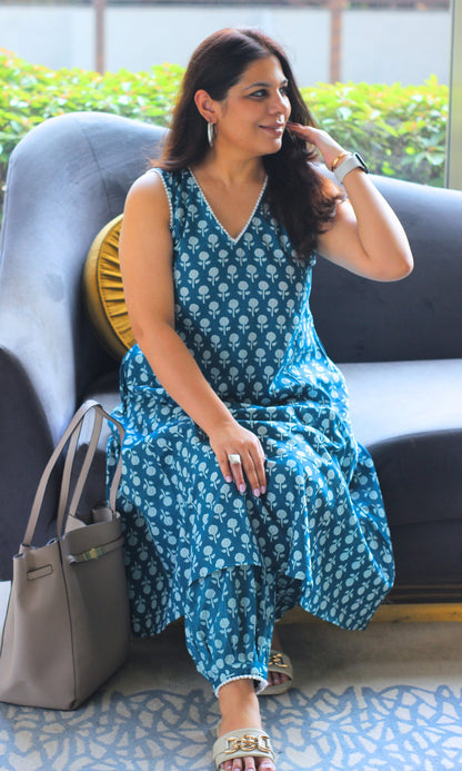 Cotton Teal Printed A Line Kurta with Pleated Pants - Baareeki