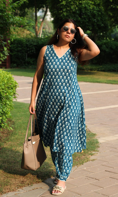 Cotton Teal Printed A Line Kurta with Pleated Pants - Baareeki