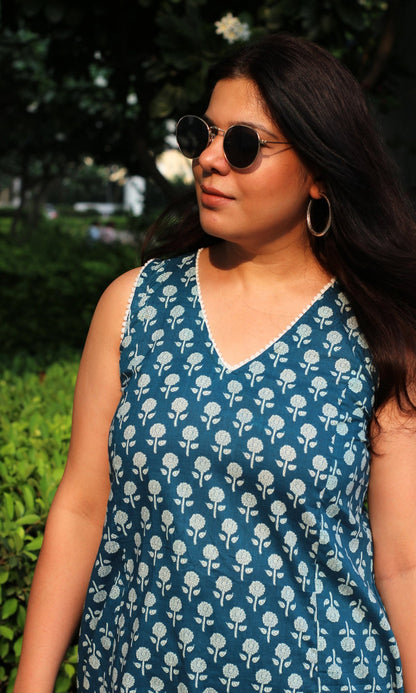 Cotton Teal Printed A Line Kurta with Pleated Pants - Baareeki