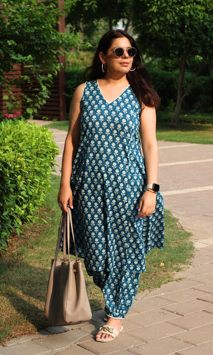 Cotton Teal Printed A Line Kurta with Pleated Pants - Baareeki