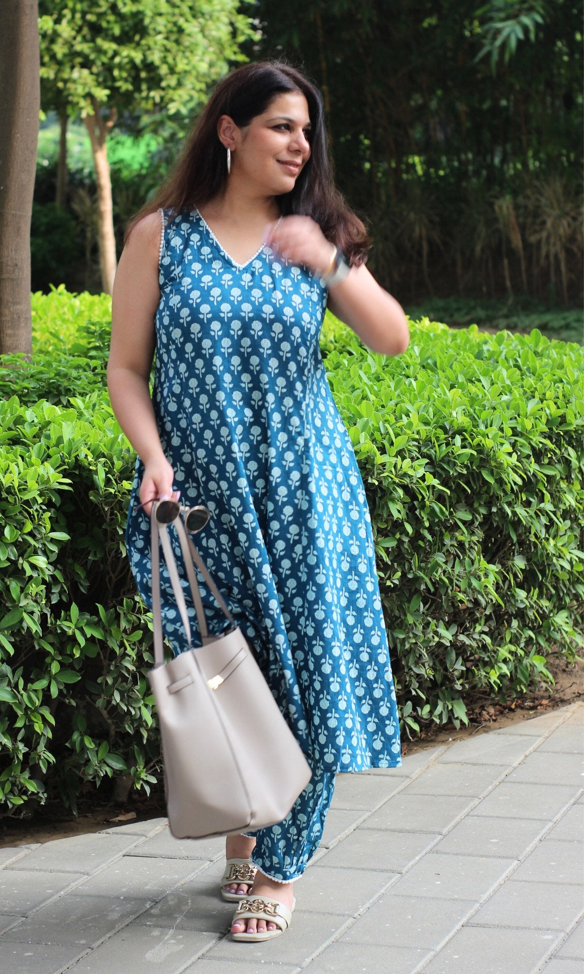 Cotton Teal Printed A Line Kurta with Pleated Pants - Baareeki