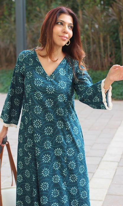 Cotton Teal Sunflower Print High Low A line Kurta & Palazzo - Baareeki