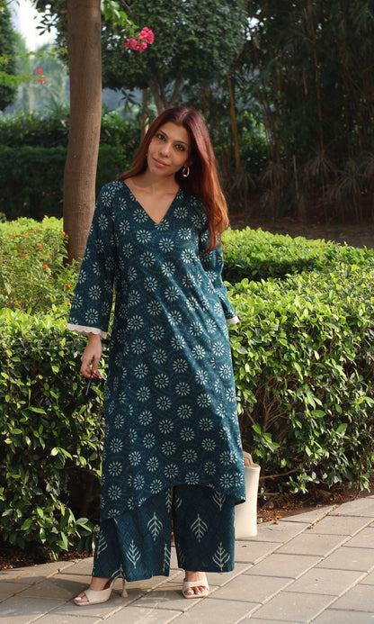 Cotton Teal Sunflower Print High Low A line Kurta & Palazzo - Baareeki