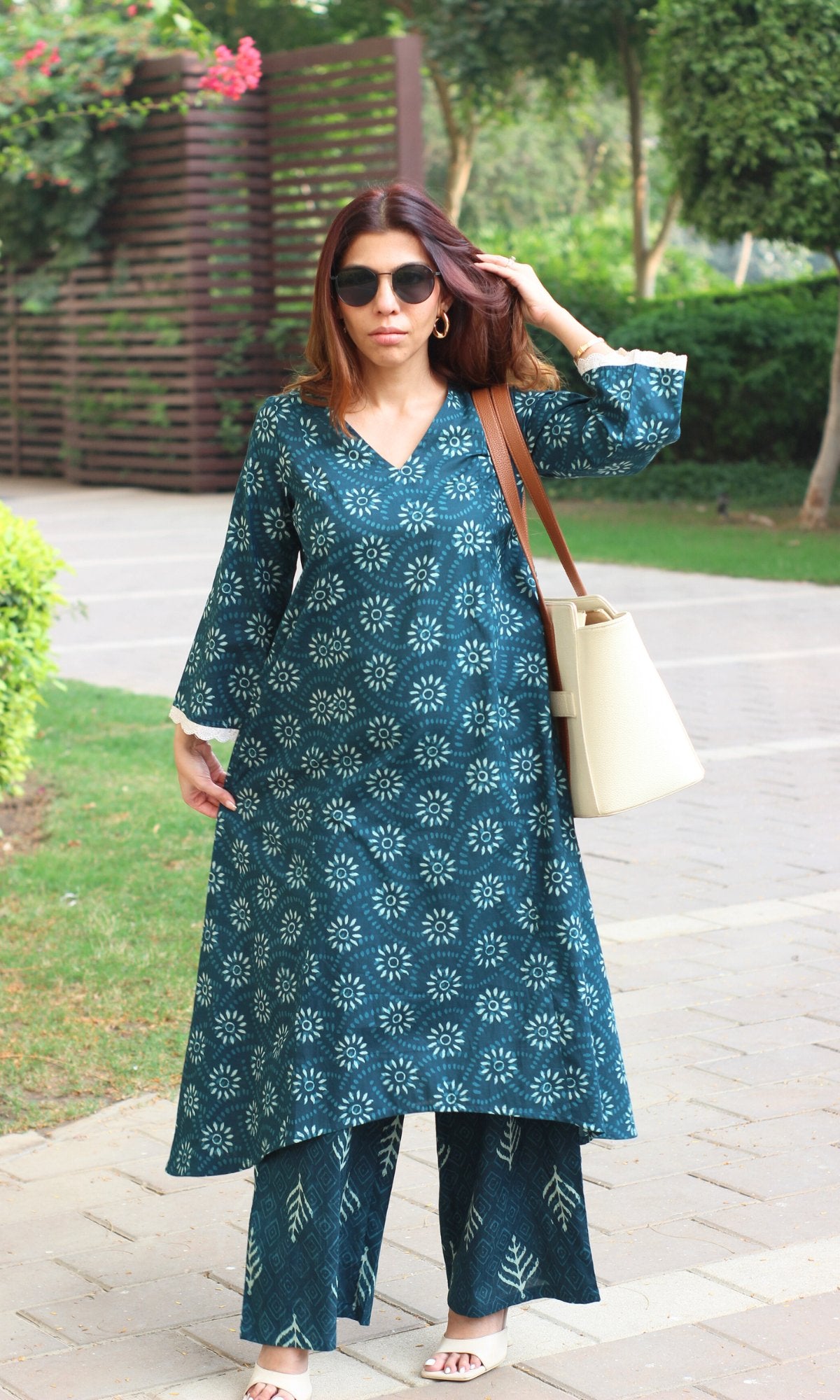 Cotton Teal Sunflower Print High Low A line Kurta & Palazzo - Baareeki