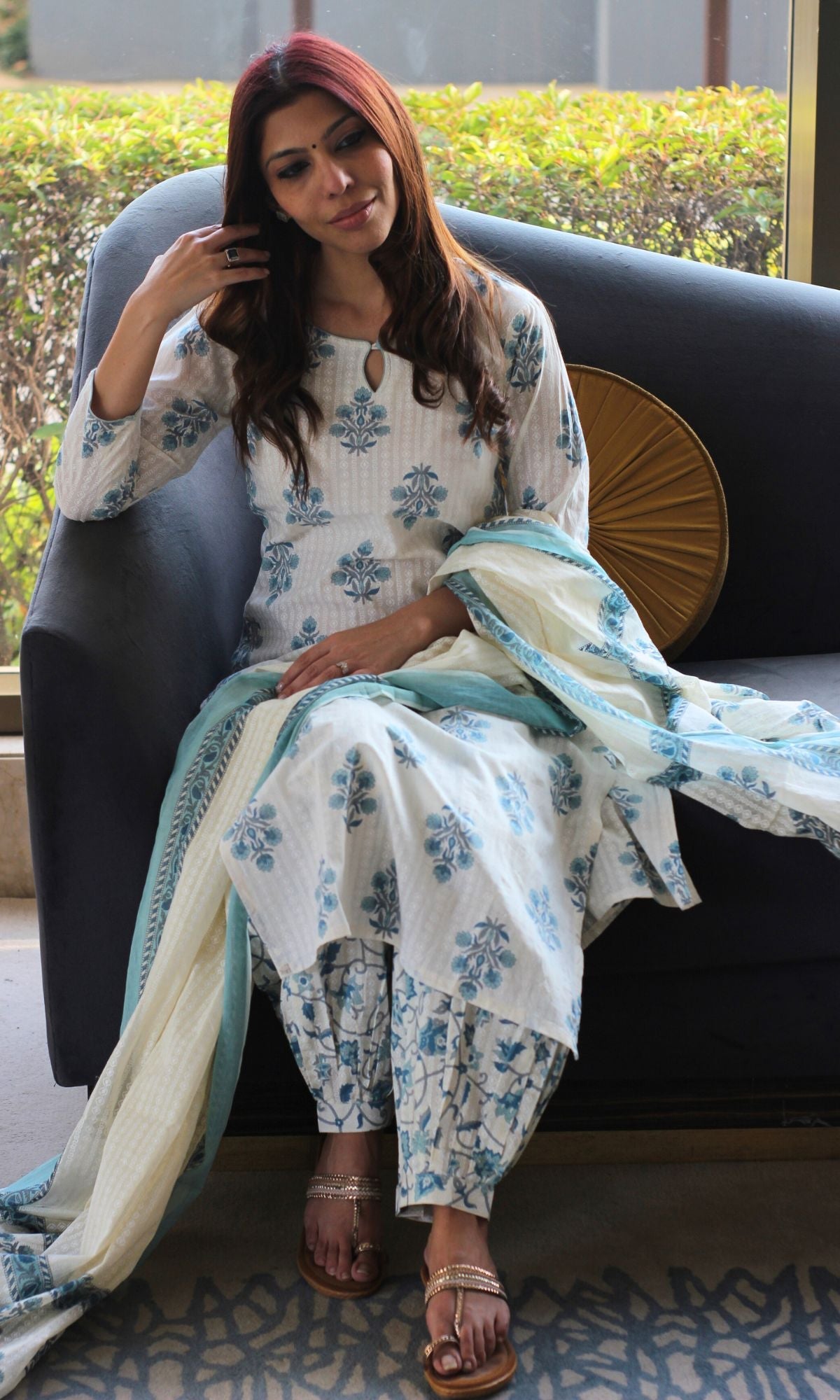 Cotton Textured Blue Mughal Print Suit Set with Printed Mul Dupatta - Baareeki