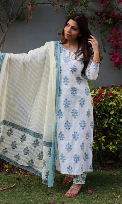 Cotton Textured Blue Mughal Print Suit Set with Printed Mul Dupatta - Baareeki