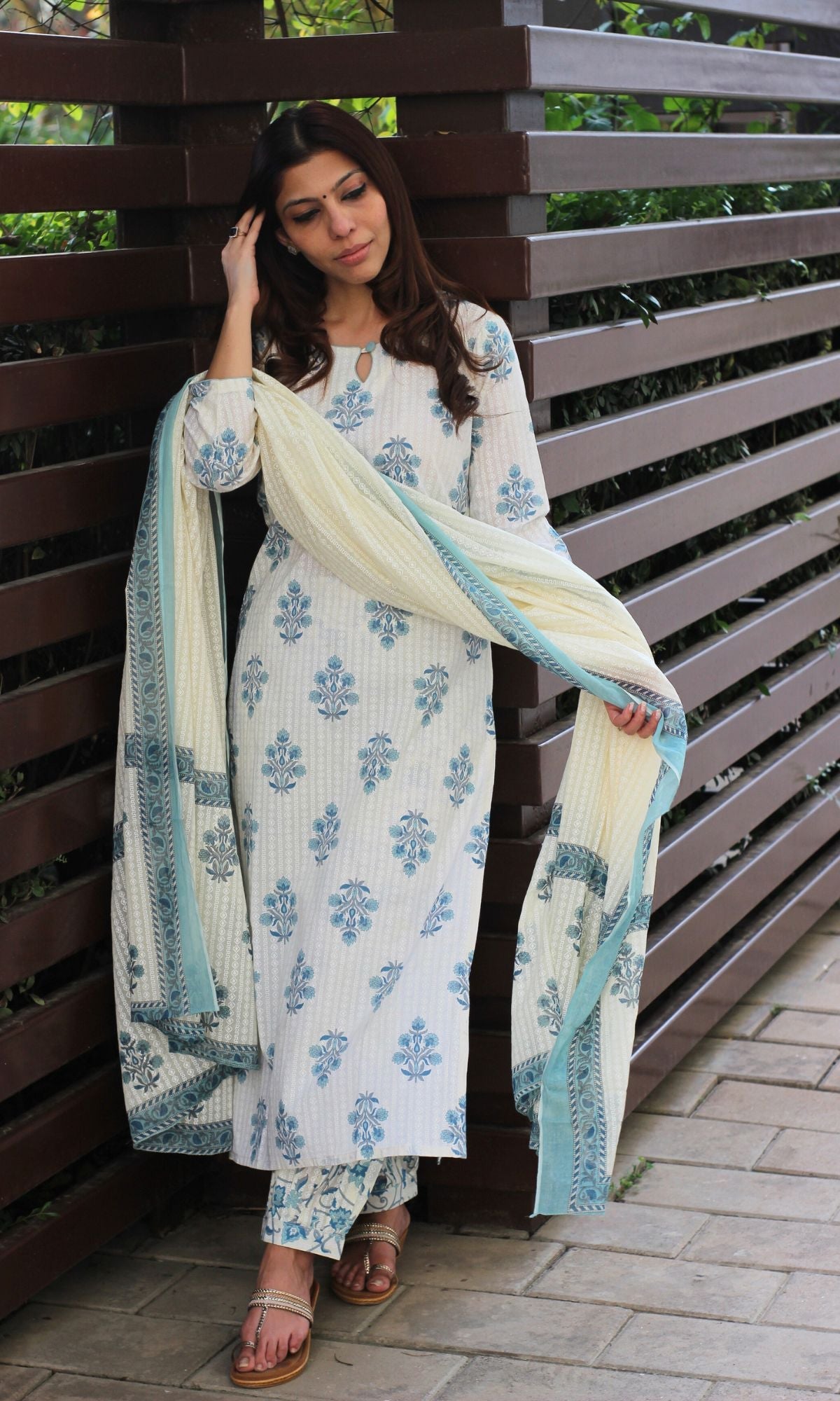 Cotton Textured Blue Mughal Print Suit Set with Printed Mul Dupatta - Baareeki