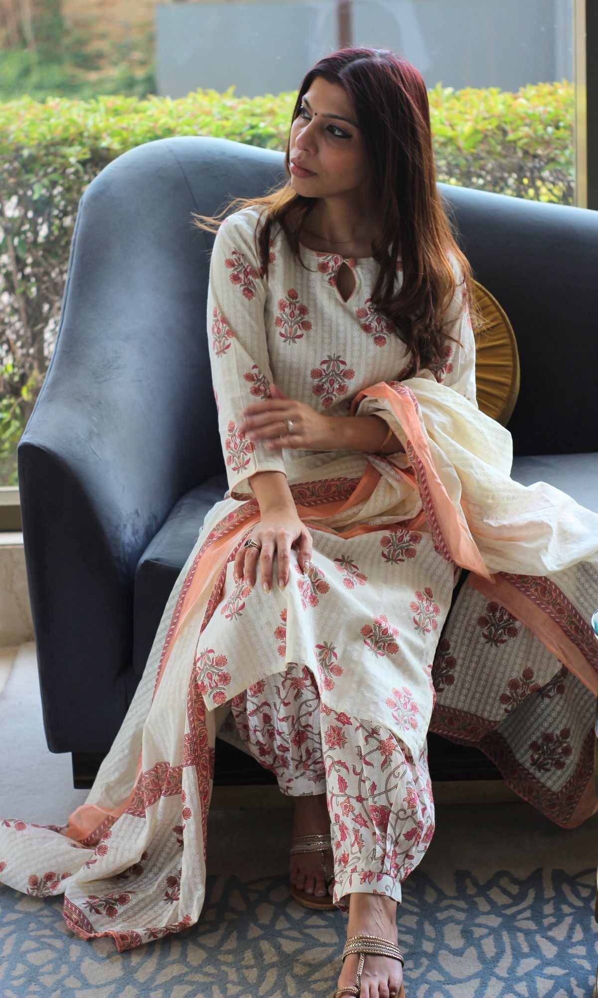 Cotton Textured Peach Mughal Print Suit Set with Printed Mul Dupatta - Baareeki