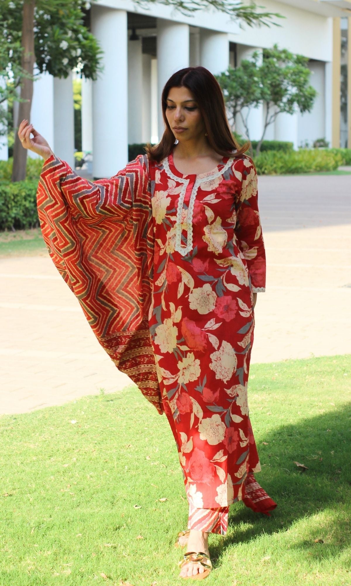 Cotton Tomato Red Suit Set and Dupatta with Lace detailing - Baareeki