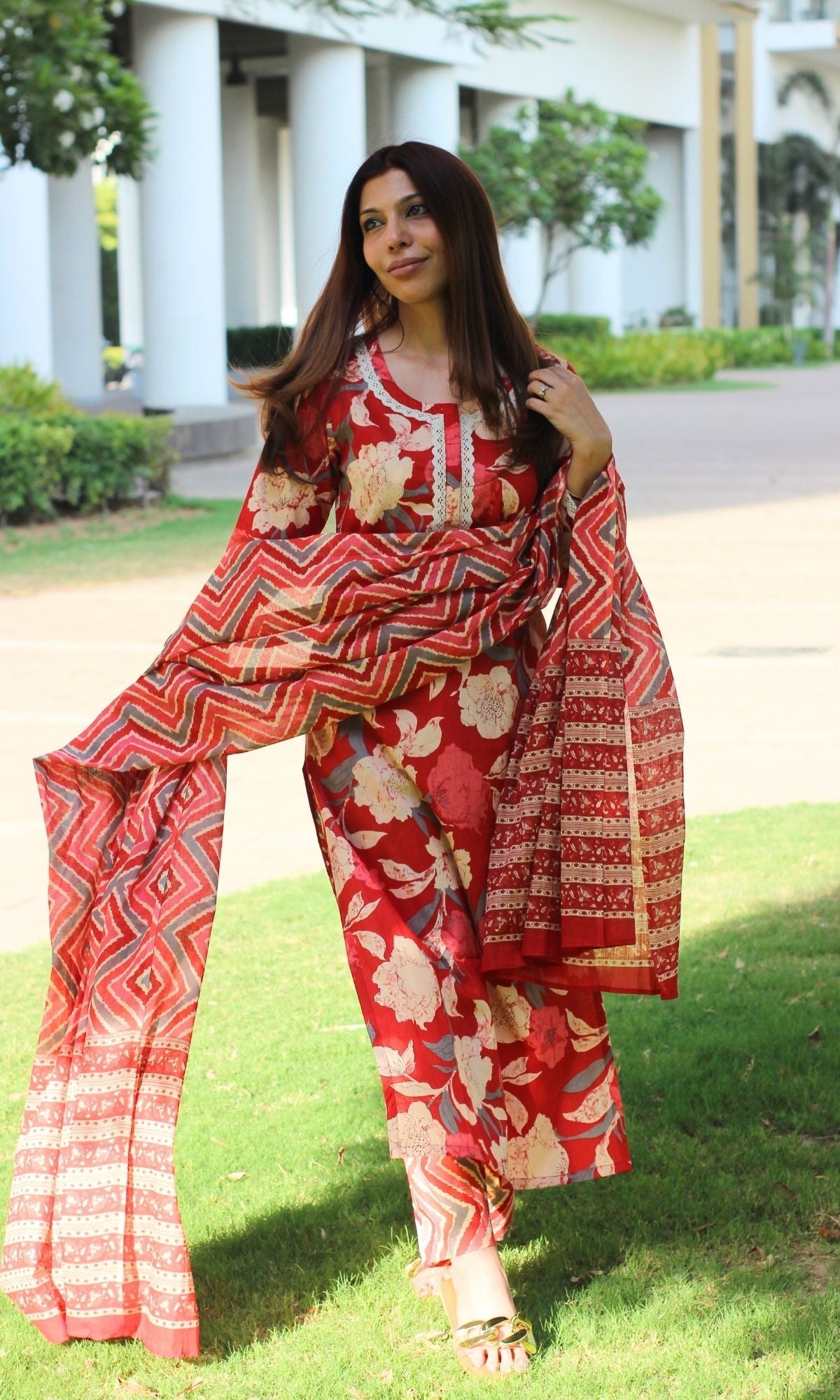 Cotton Tomato Red Suit Set and Dupatta with Lace detailing - Baareeki