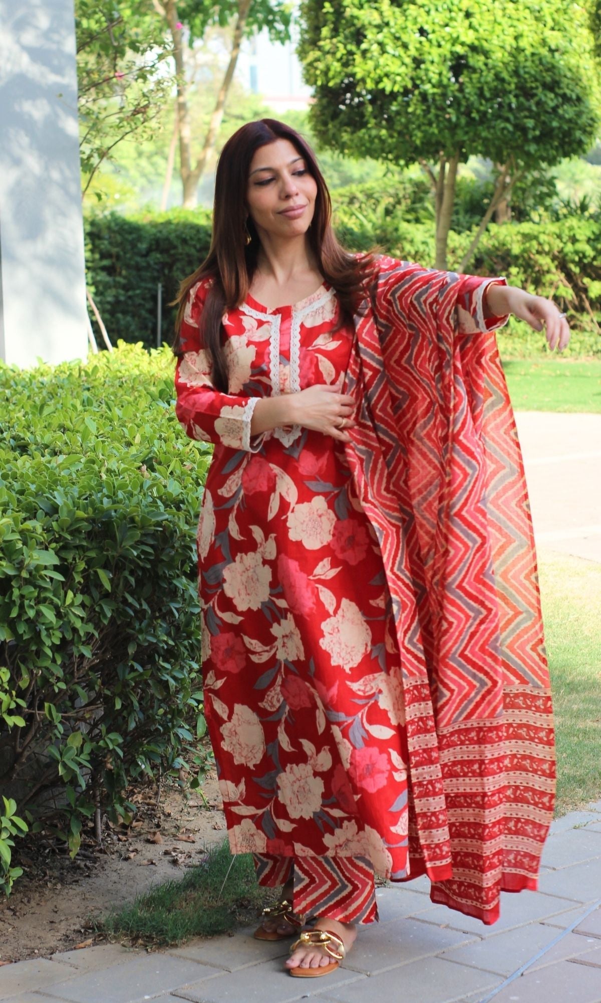 Cotton Tomato Red Suit Set and Dupatta with Lace detailing - Baareeki