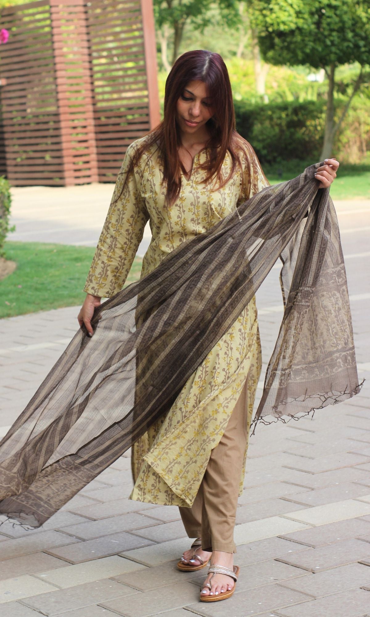 Cotton Vanaspati Brown Handblock Suit Set with Kota Doria Dupatta - Baareeki