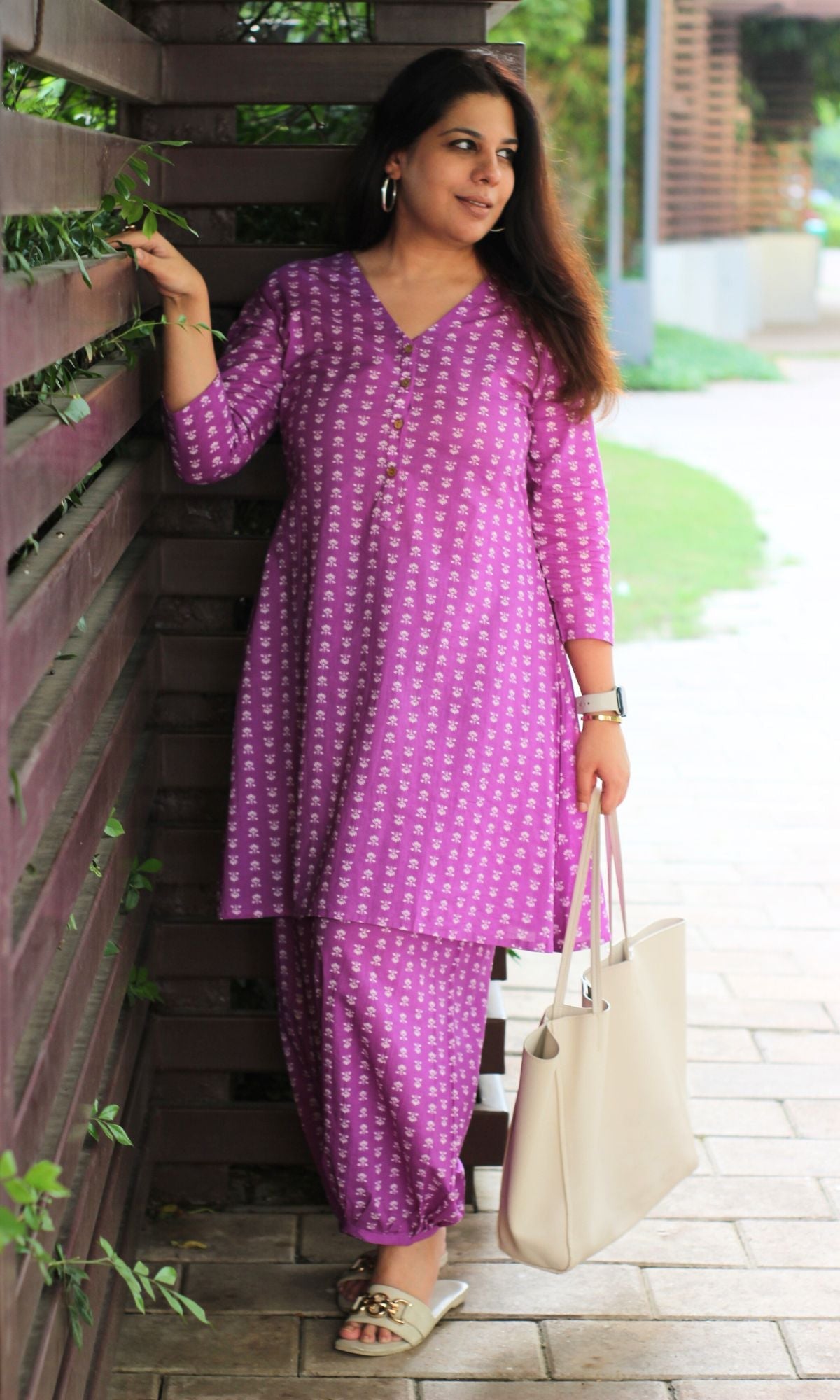 Cotton Violet Boota Print A - Line Kurta with Pathani Pants - Baareeki