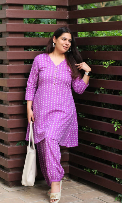 Cotton Violet Boota Print A - Line Kurta with Pathani Pants - Baareeki