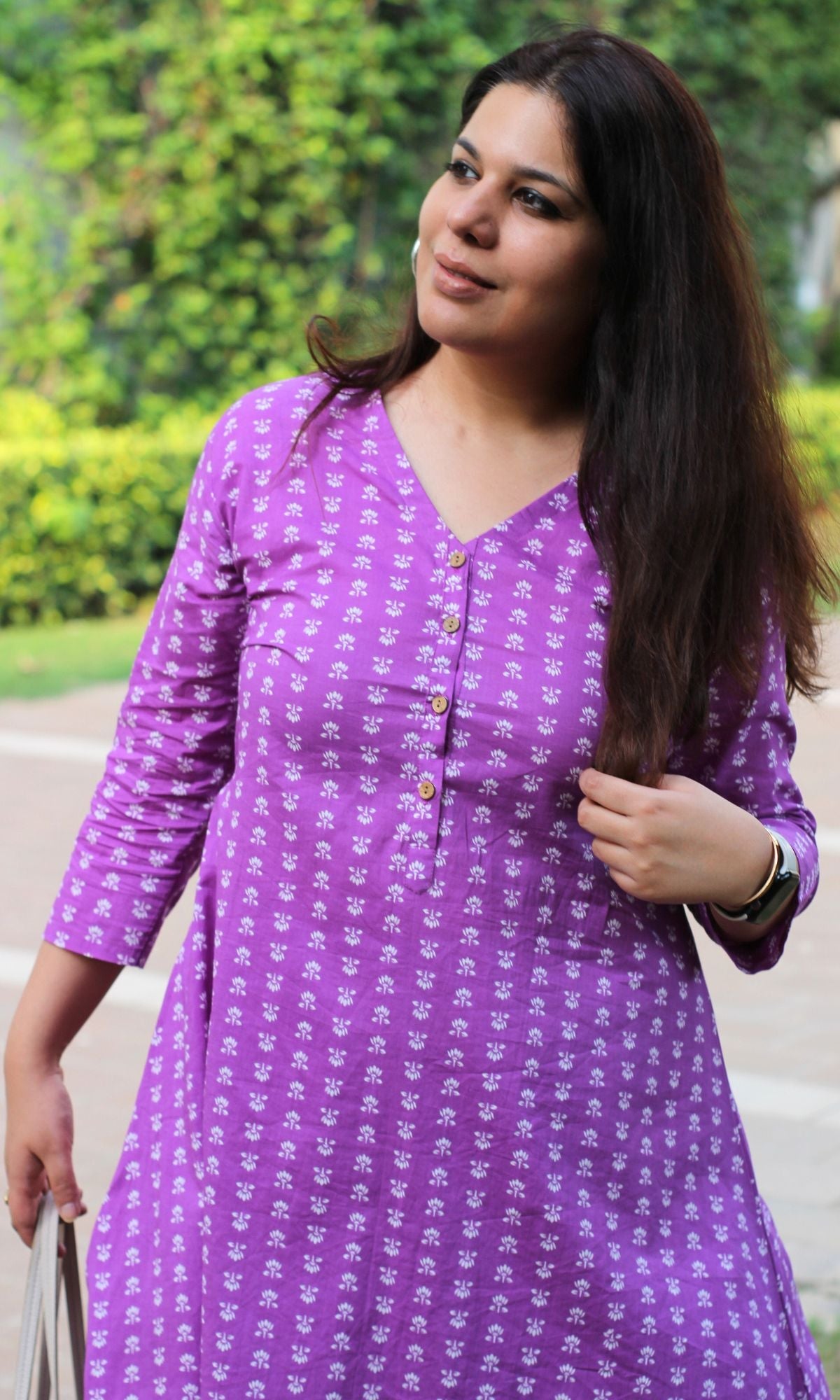 Cotton Violet Boota Print A - Line Kurta with Pathani Pants - Baareeki