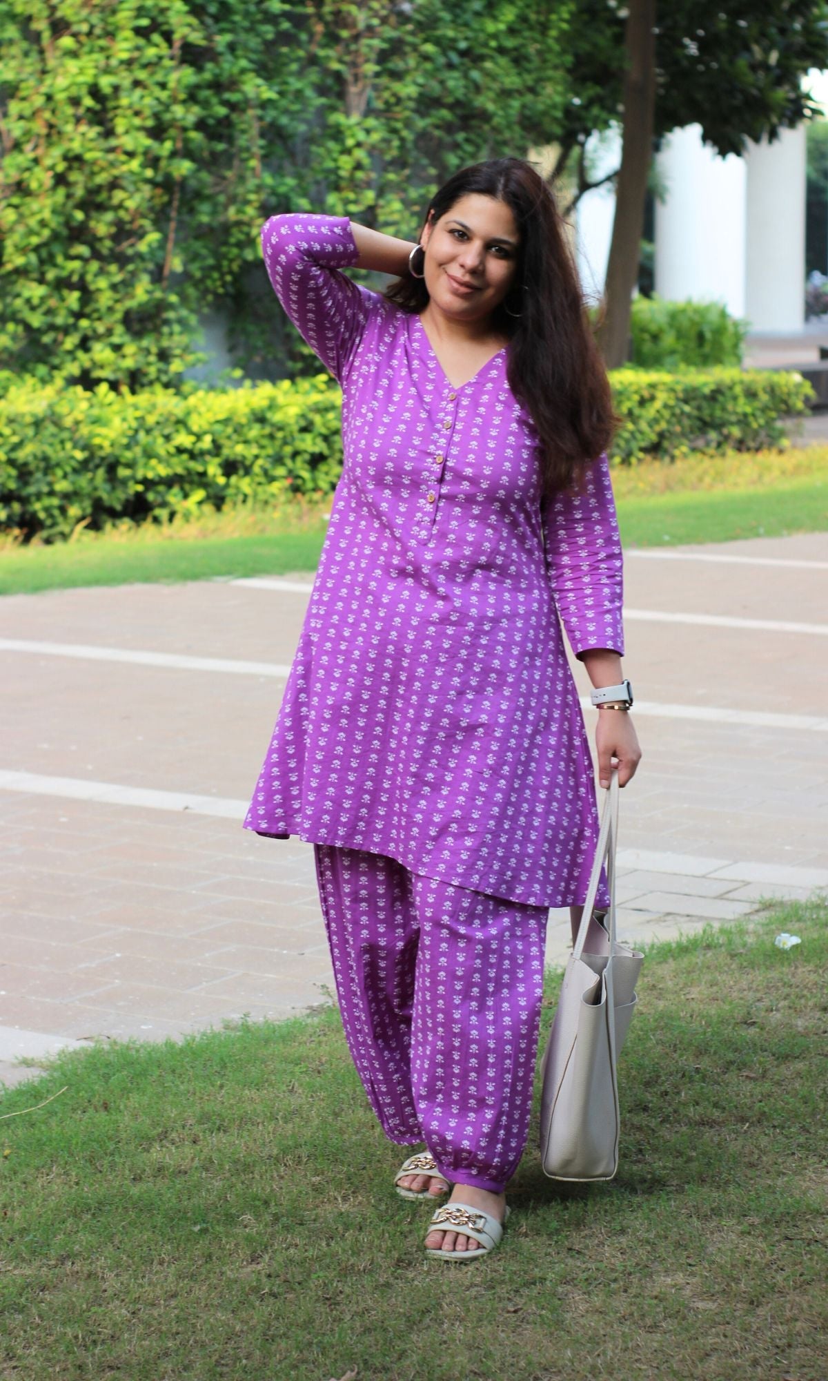 Cotton Violet Boota Print A - Line Kurta with Pathani Pants - Baareeki