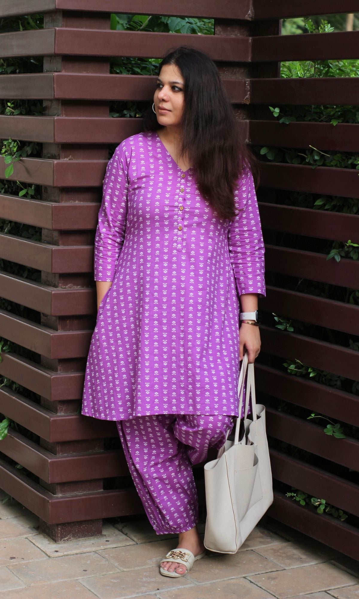 Cotton Violet Boota Print A - Line Kurta with Pathani Pants - Baareeki