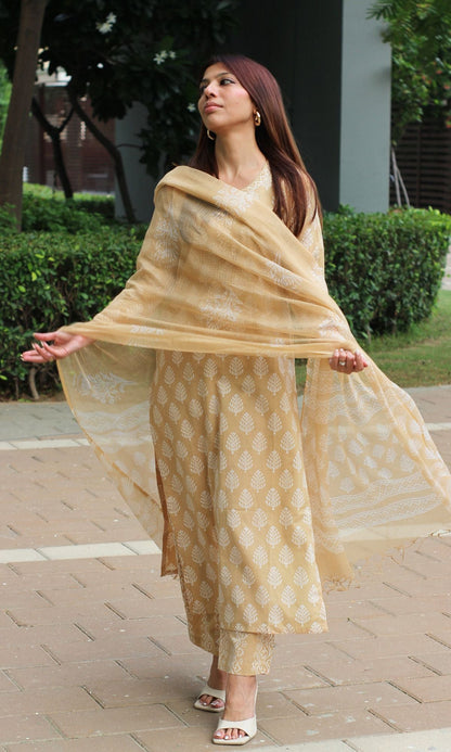 Cotton Wheat Handblock Suit Set with Kota Doria Printed Dupatta - Baareeki