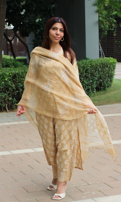 Cotton Wheat Handblock Suit Set with Kota Doria Printed Dupatta - Baareeki