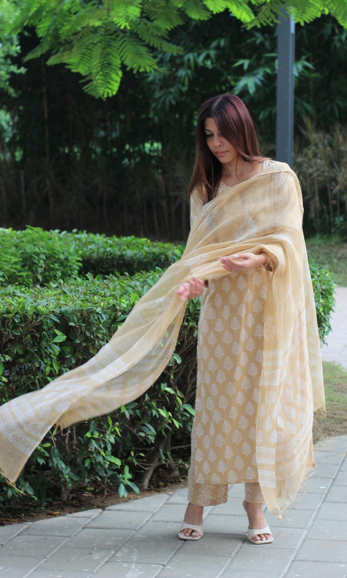 Cotton Wheat Handblock Suit Set with Kota Doria Printed Dupatta - Baareeki