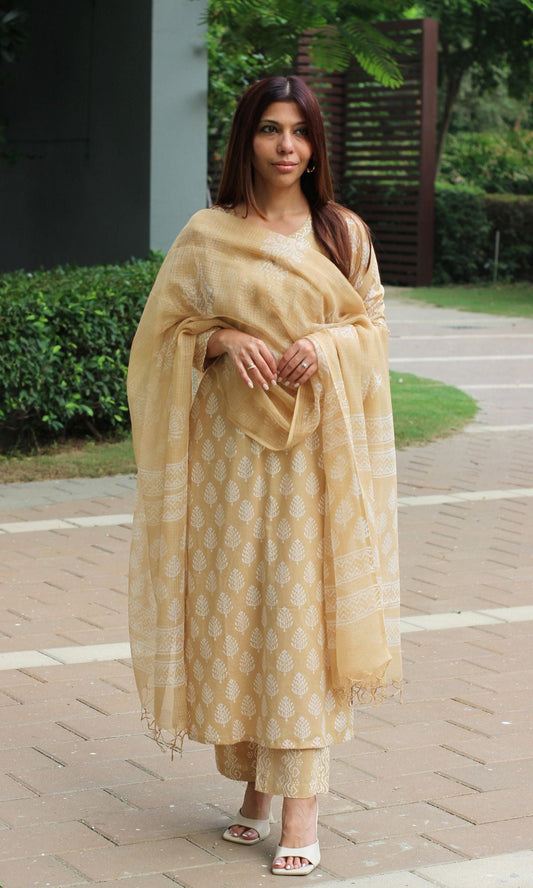 Cotton Wheat Handblock Suit Set with Kota Doria Printed Dupatta - Baareeki