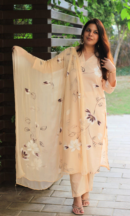 Cotton Wheat & Purple Handbrush Print Suit with Chiffon Handbrush Painted Dupatta - Baareeki