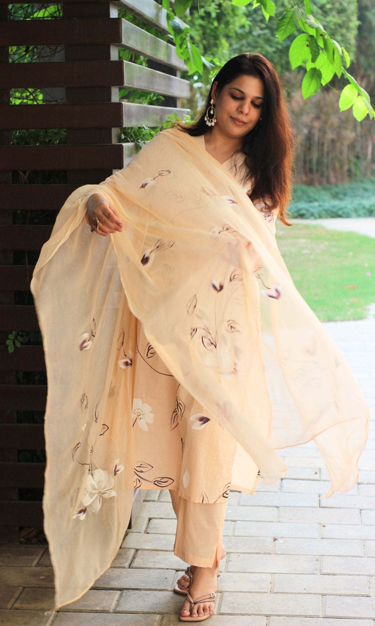 Cotton Wheat & Purple Handbrush Print Suit with Chiffon Handbrush Painted Dupatta - Baareeki