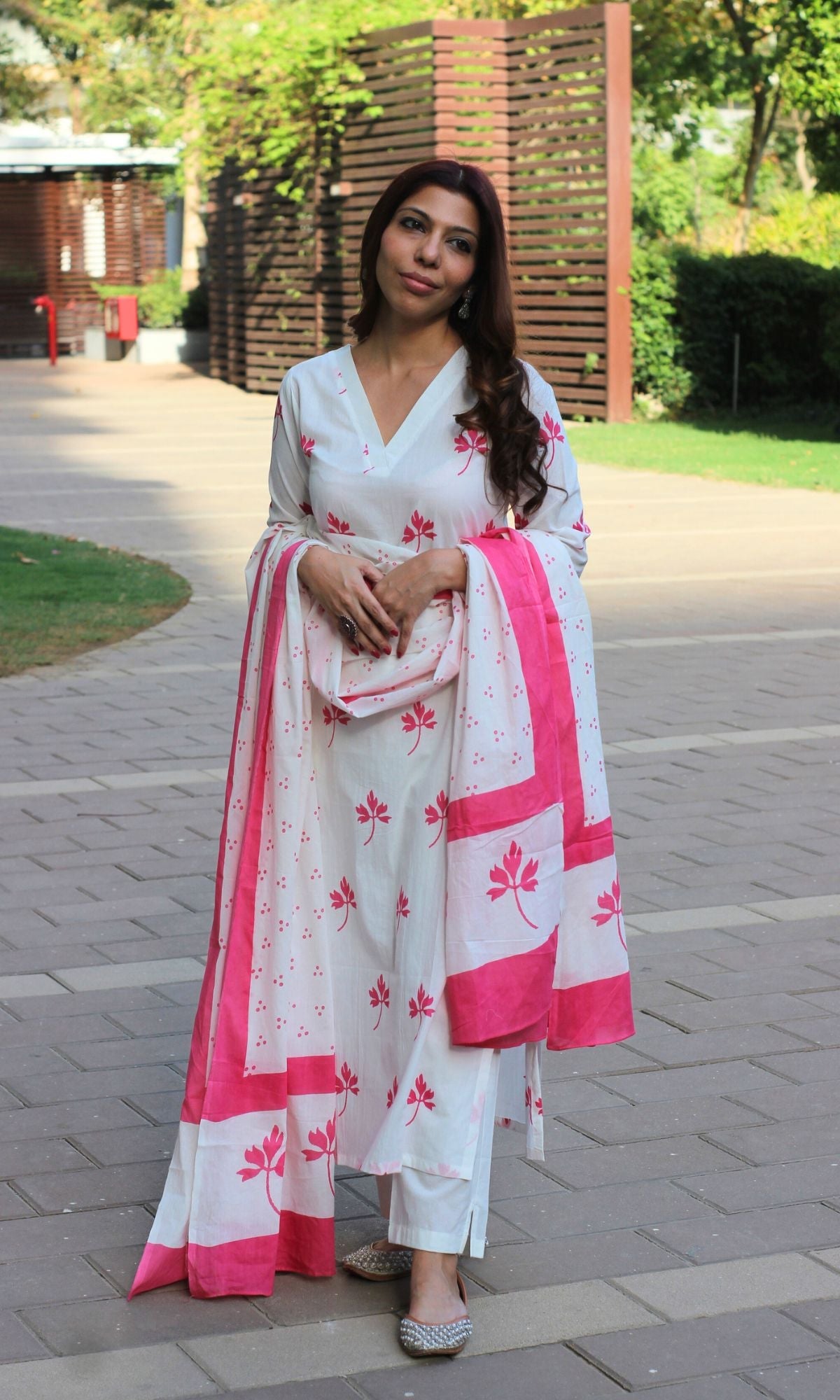 Cotton White and Pink Maple Print Suit Set with Cotton Printed Dupatta - Baareeki