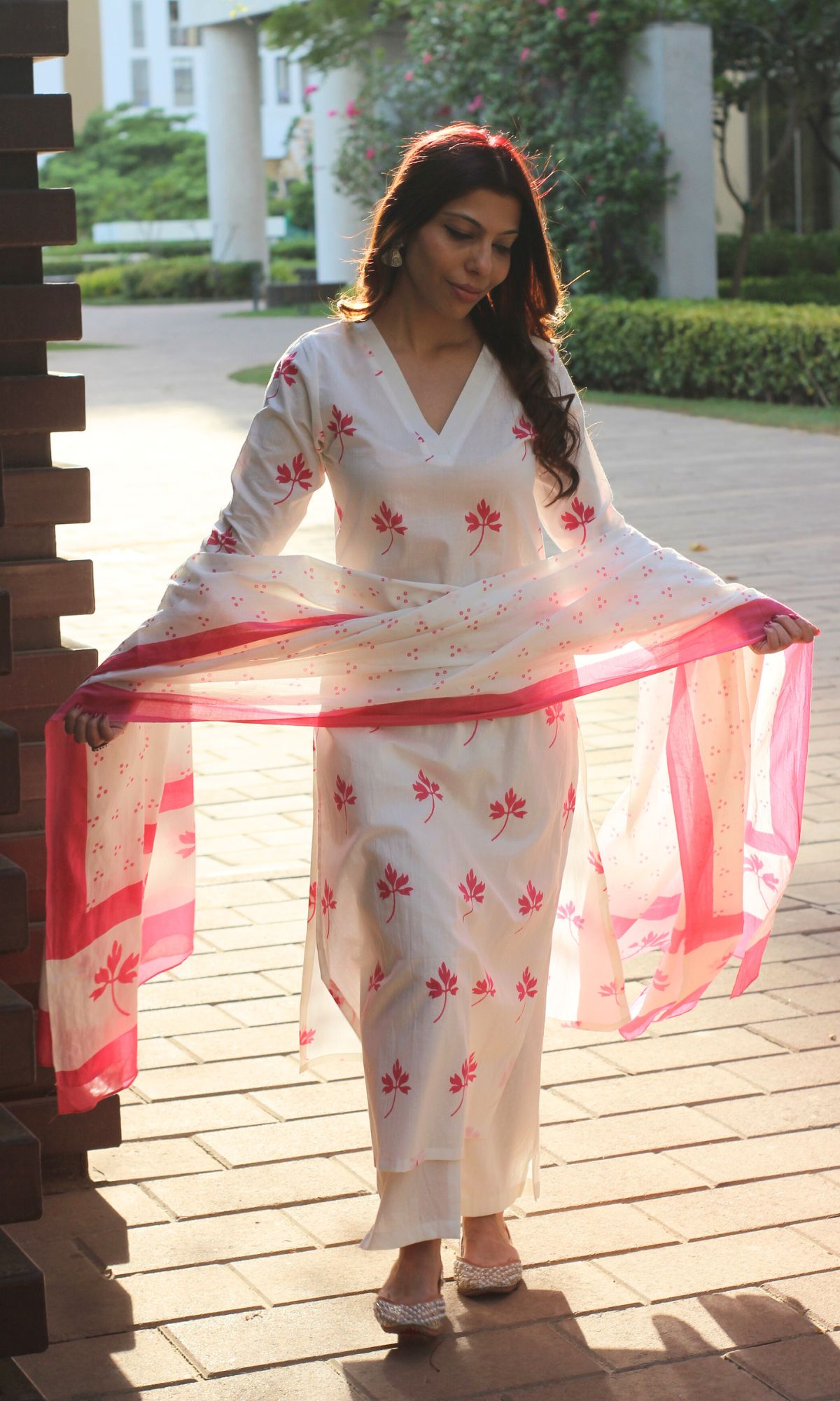 Cotton White and Pink Maple Print Suit Set with Cotton Printed Dupatta - Baareeki